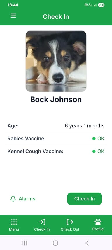 Check-in screen with dog details in Bockland