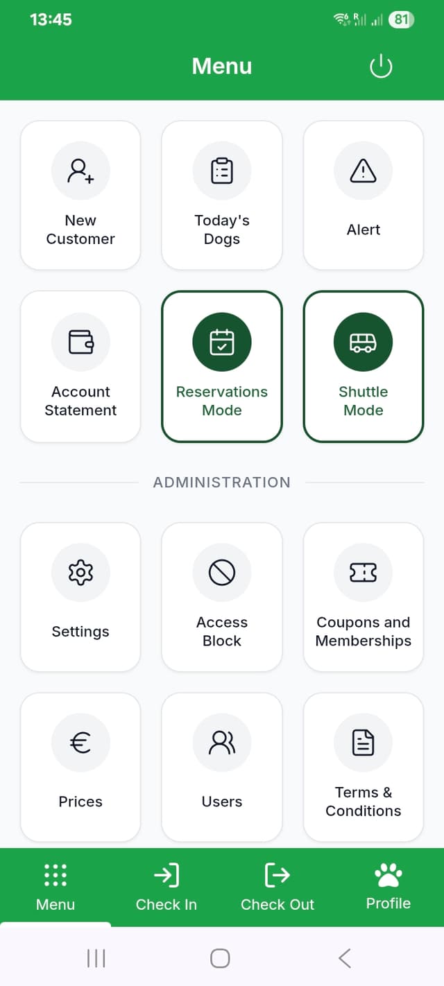 Bockland main menu with access to bookings and settings