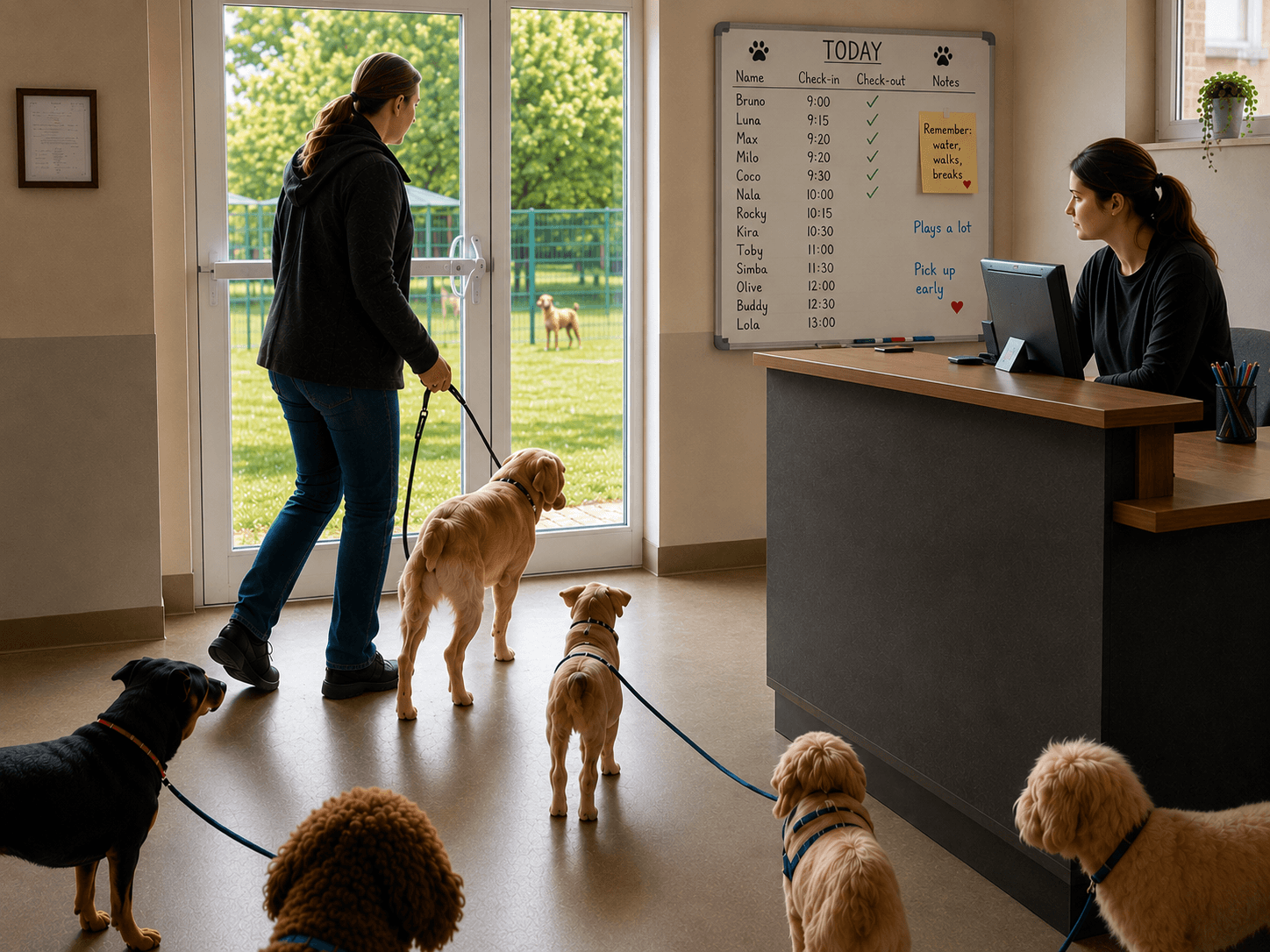Inside a dog daycare at the start of the day