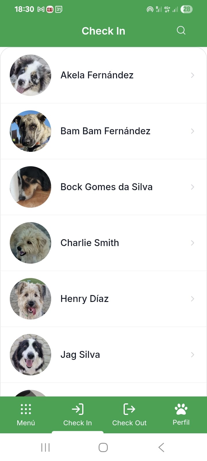 Bockland check-in screen showing dogs ready for check-in