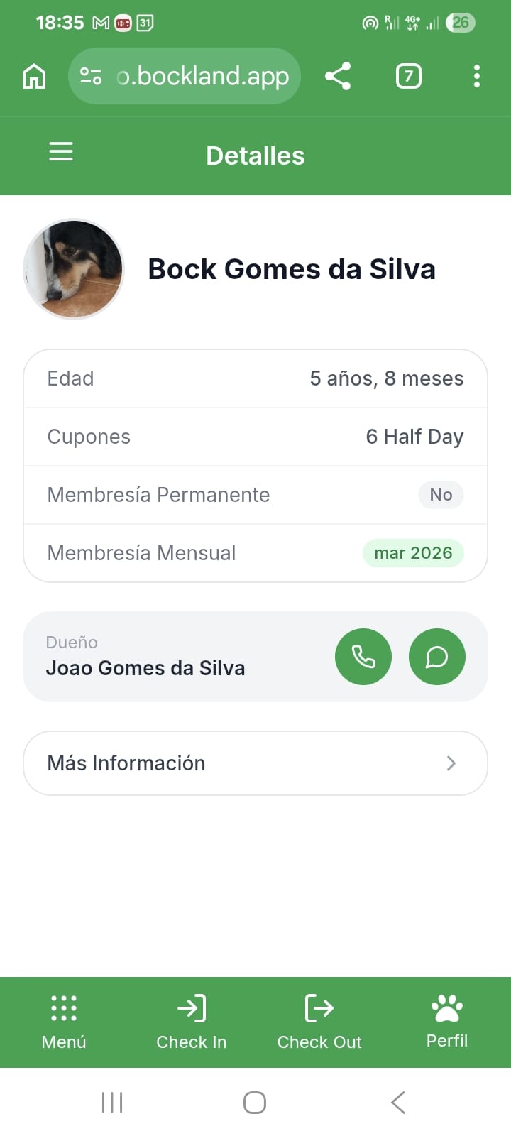 Bockland dog profile with age, coupons, and owner info